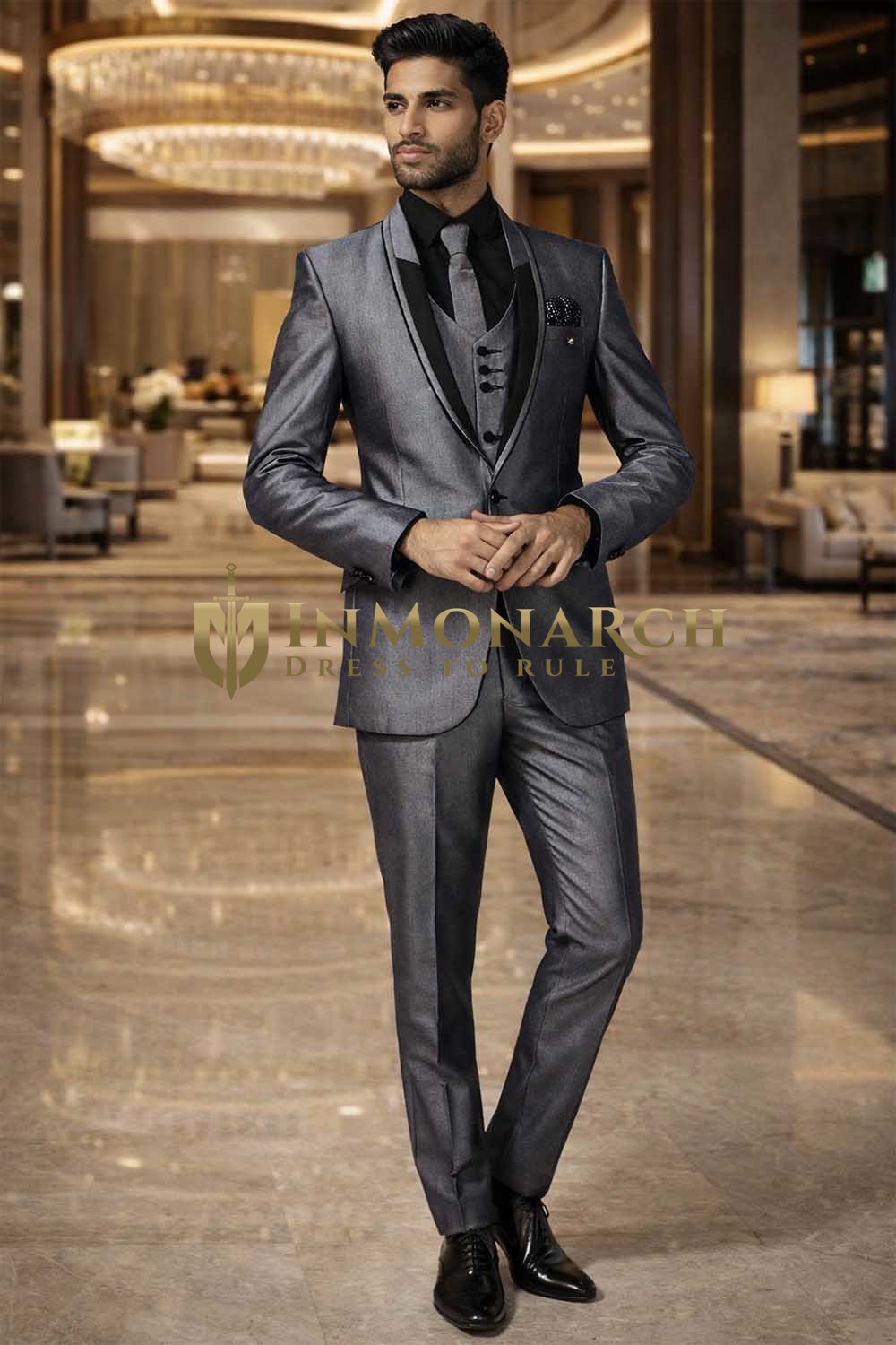 Mens Gray Shawl Lapel Tuxedo Suit Groom Wedding Formal 3 Piece Outfit Wear