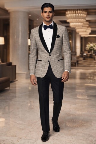 Mens Off White Checked Blazer Shawl Lapel Slim Fit Groom Formal Wear