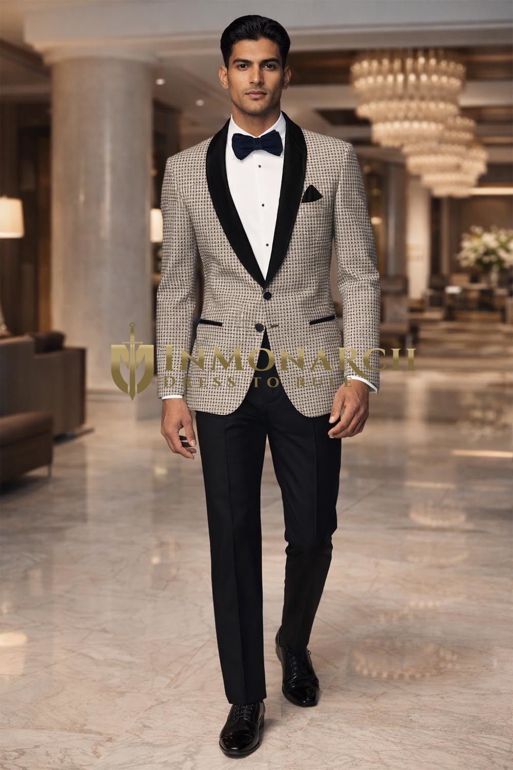 Mens Off White Checked Blazer Shawl Lapel Slim Fit Groom Formal Wear