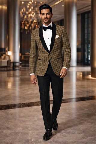 Mens Bronze Checked Blazer Shawl Lapel Slim Fit Groom Formal Wear