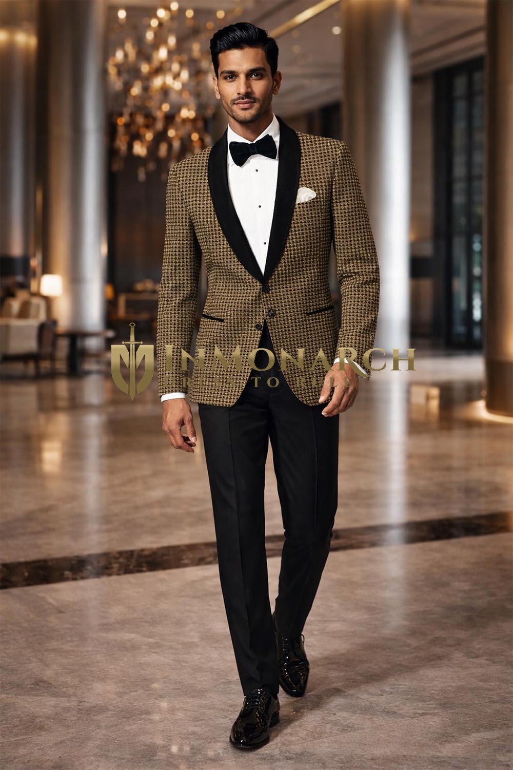 Mens Bronze Checked Blazer Shawl Lapel Slim Fit Groom Formal Wear