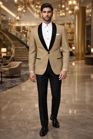 Mens Beige Velvet Tuxedo Suit Shawl Lapel Slim Fit Groom Formal Party Wear