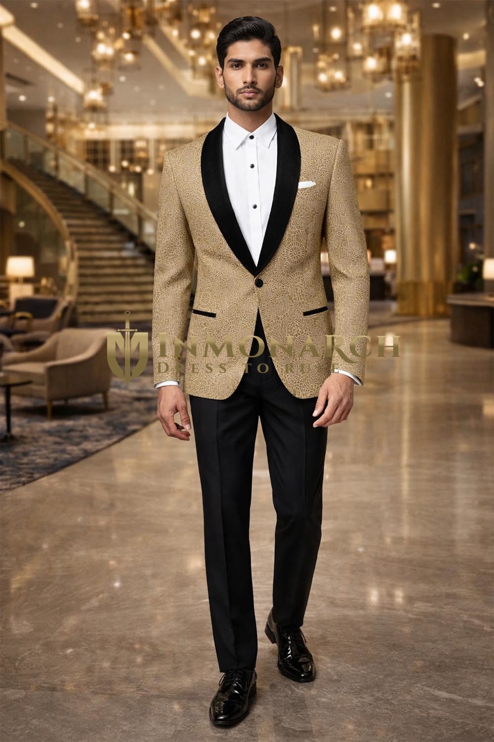 Mens Beige Velvet Tuxedo Suit Shawl Lapel Slim Fit Groom Formal Party Wear