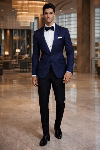 Blazer bleu motifs carreaux et cachemire cintré