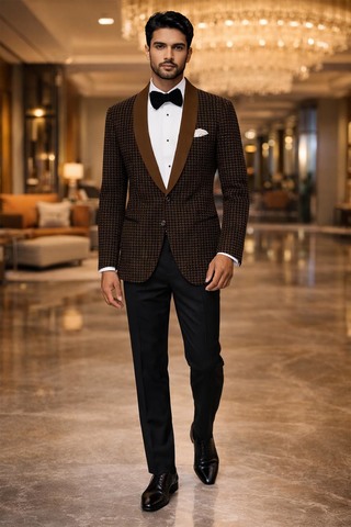 Mens Bronze Black Shawl Lapel Tuxedo Suit Slim Fit Groom Wedding Formal Wear