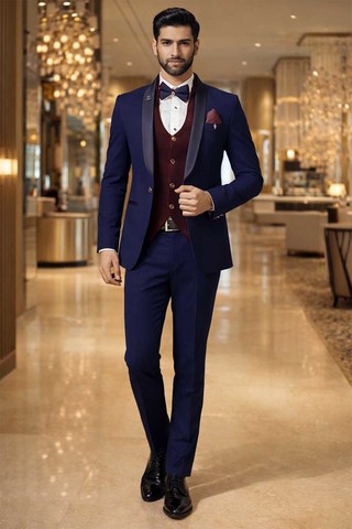 Smoking bleu col châle 8 pièces homme