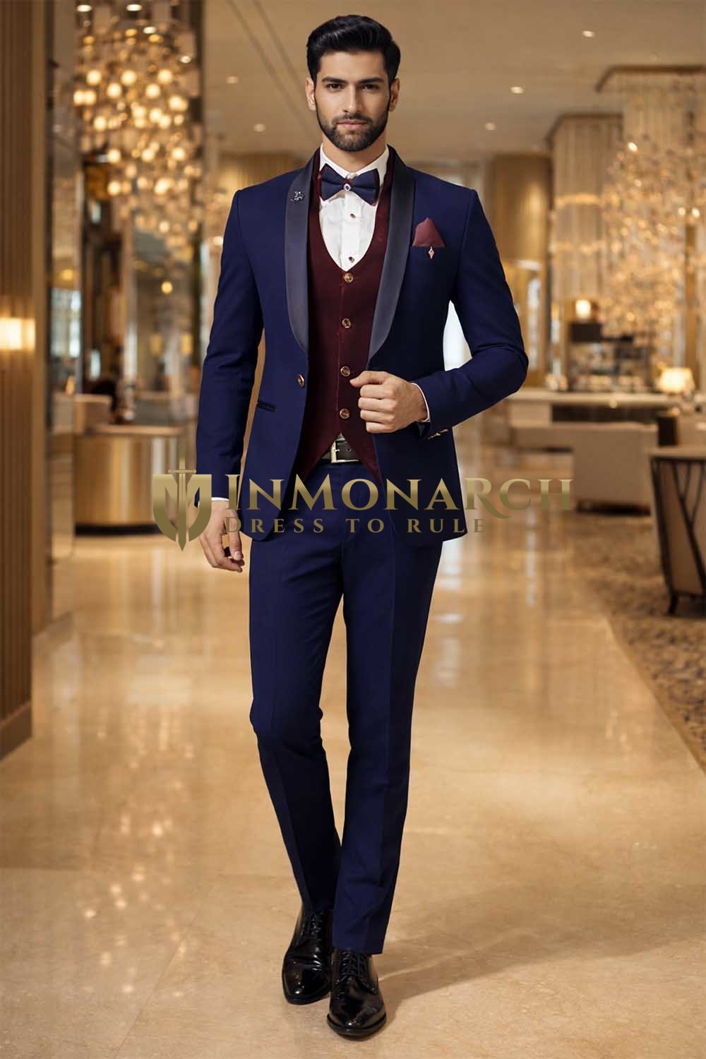Smoking bleu col châle 8 pièces homme