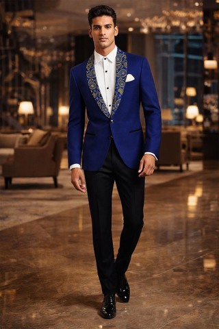 Blazer bleu royal imprimé col châle 2 boutons