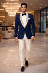 ロイヤルブルー柄ショールカラー2ボタンスリムジャケット