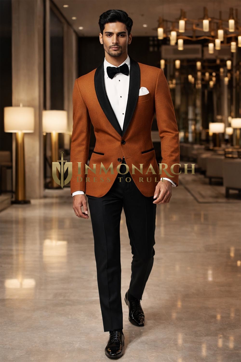 Mens Rust Black Shawl Lapel Tuxedo Suit Slim Fit Groom Wedding Formal Wear