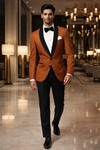 Mens Rust Black Shawl Lapel Tuxedo Suit Slim Fit Groom Wedding Formal Wear