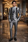 Mens Silver Grey Peak Lapel Tuxedo Suit Groom Wedding Formal Outfit 6 pc