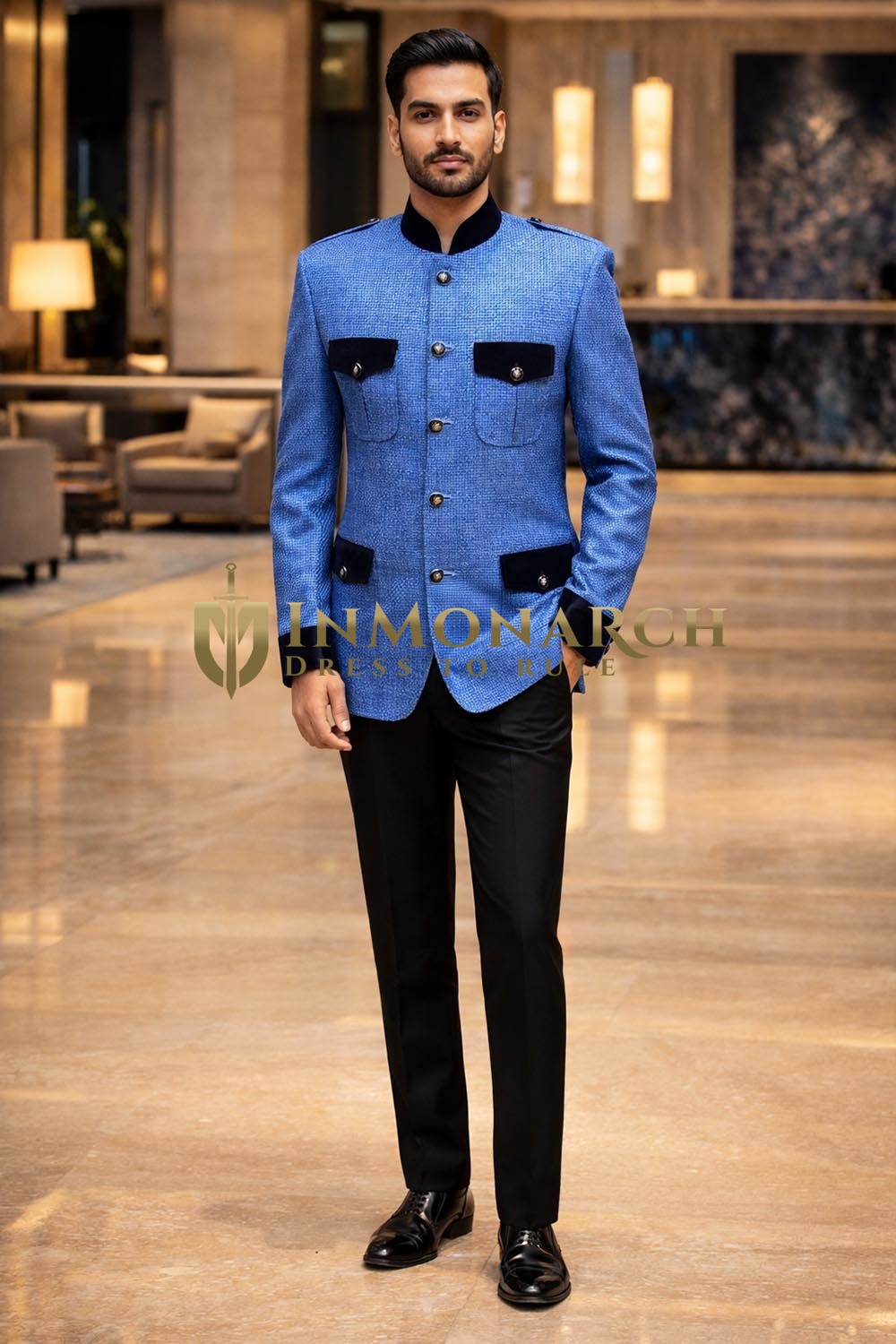 Mens Sky Blue Jodhpuri Suit Nehru Collar 2 Piece Groom Wedding Outfit Formal Wear