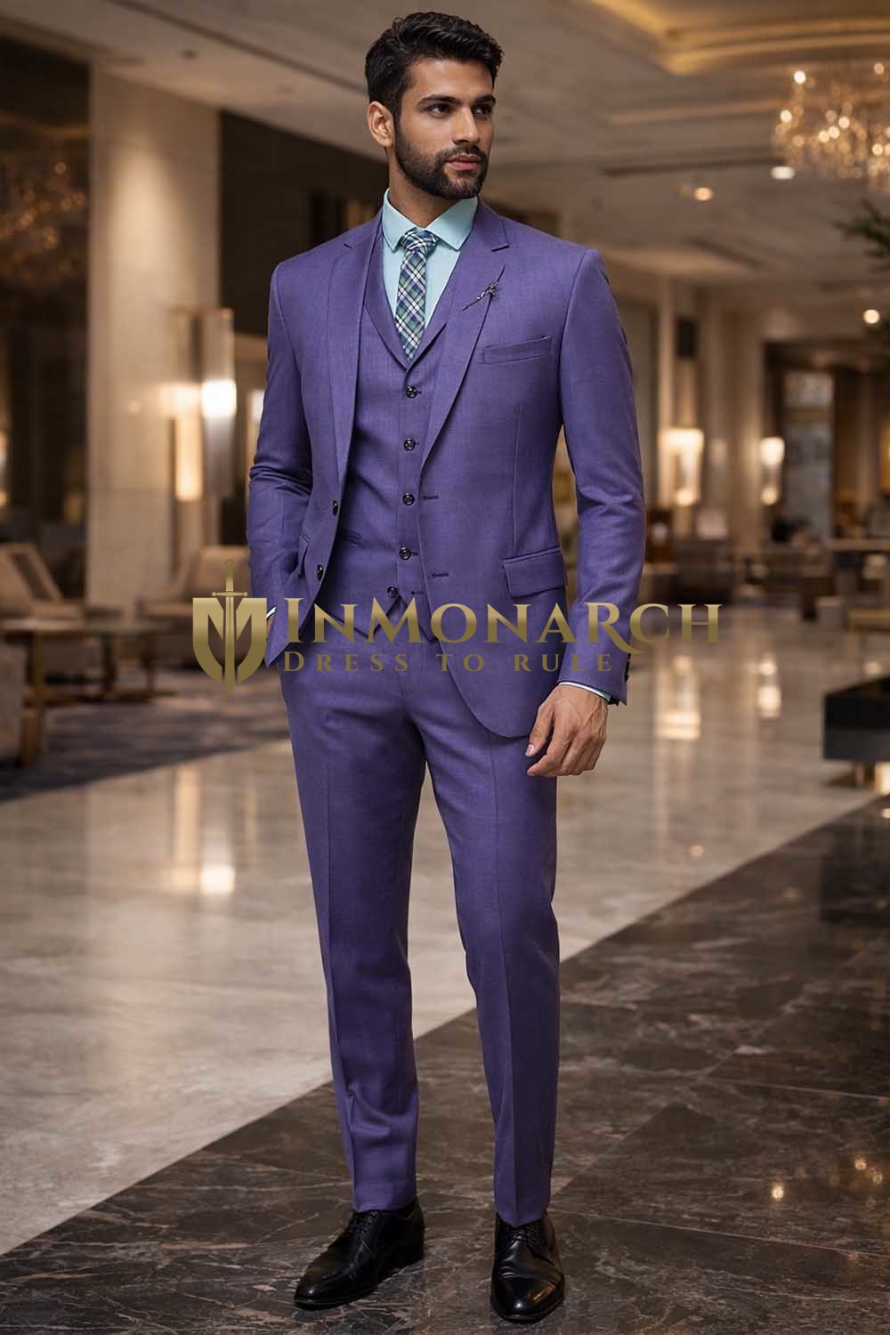 Traje esmoquin novio púrpura 6 piezas