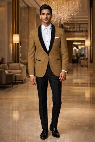 Hellbrauner Slim Fit Samtblazer mit schwarzem Satin-Schalkragen