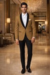 Hellbrauner Slim Fit Samtblazer mit schwarzem Satin-Schalkragen