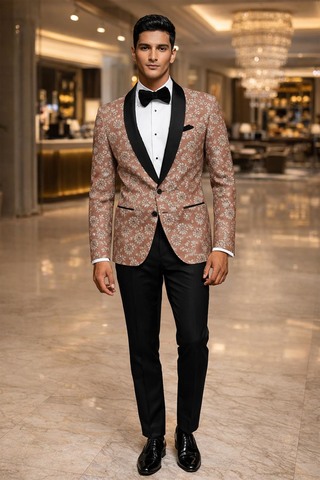 Blazer cuivre brocart col châle satin noir