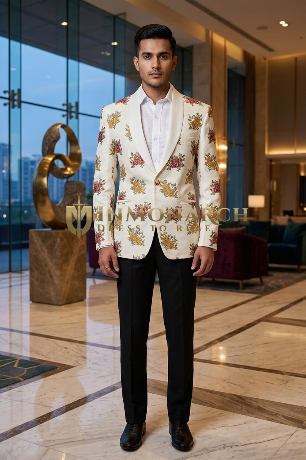 Bestickter Slim-Fit Blazer mit Schalkragen Elfenbein
