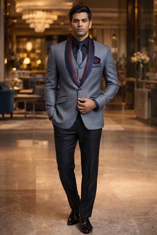 Traje fiesta gris con ribete burdeos