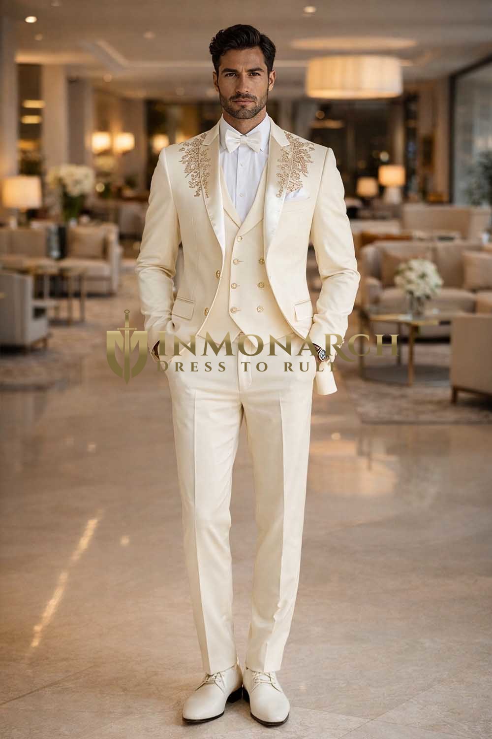 Mens Cream Shawl Lapel Tuxedo Suit 3Pc Groom Wedding Formal Outfit Set Slim
