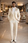 Mens Cream Shawl Lapel Tuxedo Suit 3Pc Groom Wedding Formal Outfit Set Slim