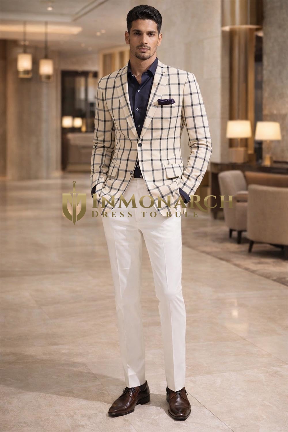 Mens Ivory Checkered Slim Fit Casual Blazer Wedding Party Formal Jacket