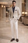 Mens Ivory Checkered Slim Fit Casual Blazer Wedding Party Formal Jacket