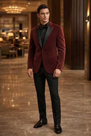 Bordeaux Samt Smoking Herren – Spitzrevers Hochzeit & Gala