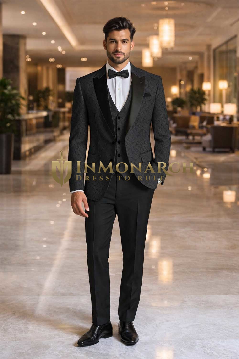 Mens Black Patterned Tuxedo Suit 3Pc Shawl Lapel Groom Wedding Formal Set