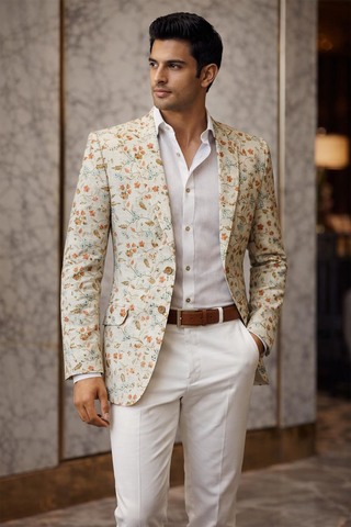 Blazer slim fit hombre marfil bordado dos botones