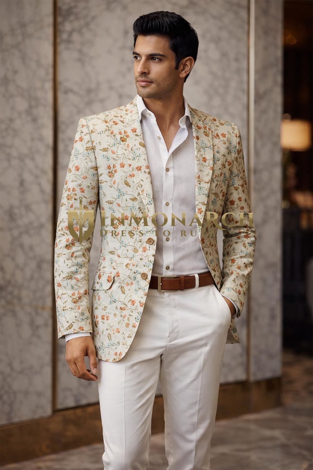 Blazer slim fit hombre marfil bordado dos botones