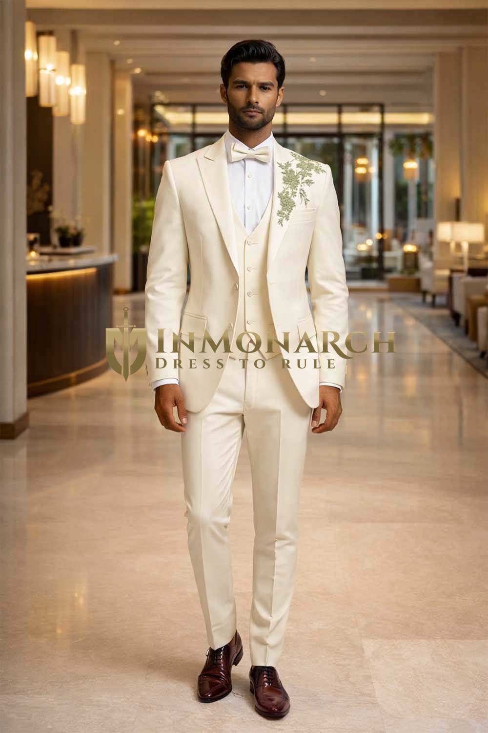 Mens Cream 3 Piece Suit Groom Wedding Embroidered Formal Outfit Set