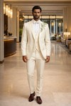 Mens Cream 3 Piece Suit Groom Wedding Embroidered Formal Outfit Set