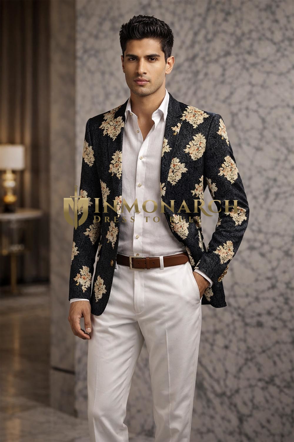 Mens Black Floral Embroidered Casual Blazer Slim Fit Wedding Party Jacket