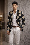 Mens Black Floral Embroidered Casual Blazer Slim Fit Wedding Party Jacket