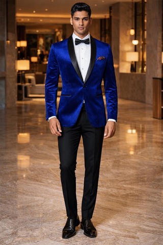 Blazer bleu col châle en satin