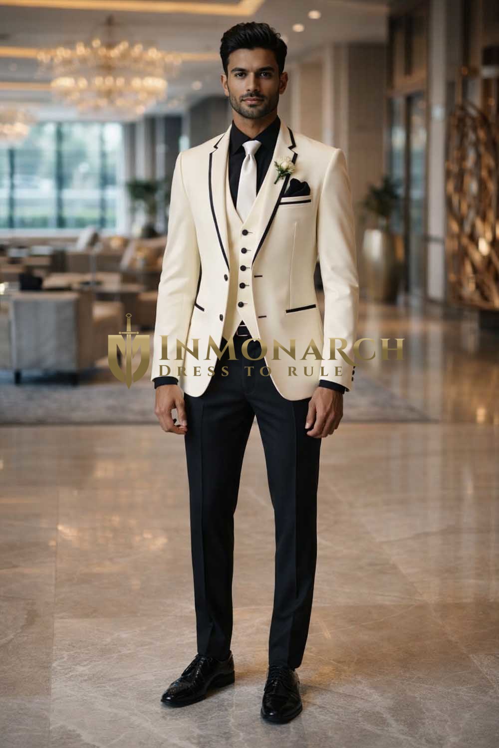 Cremefarbener Tuxedo mit Reverskragen und zwei Knöpfen
