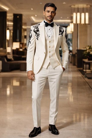 Eleganter cremefarbener Tuxedo mit schwarzer Stickerei
