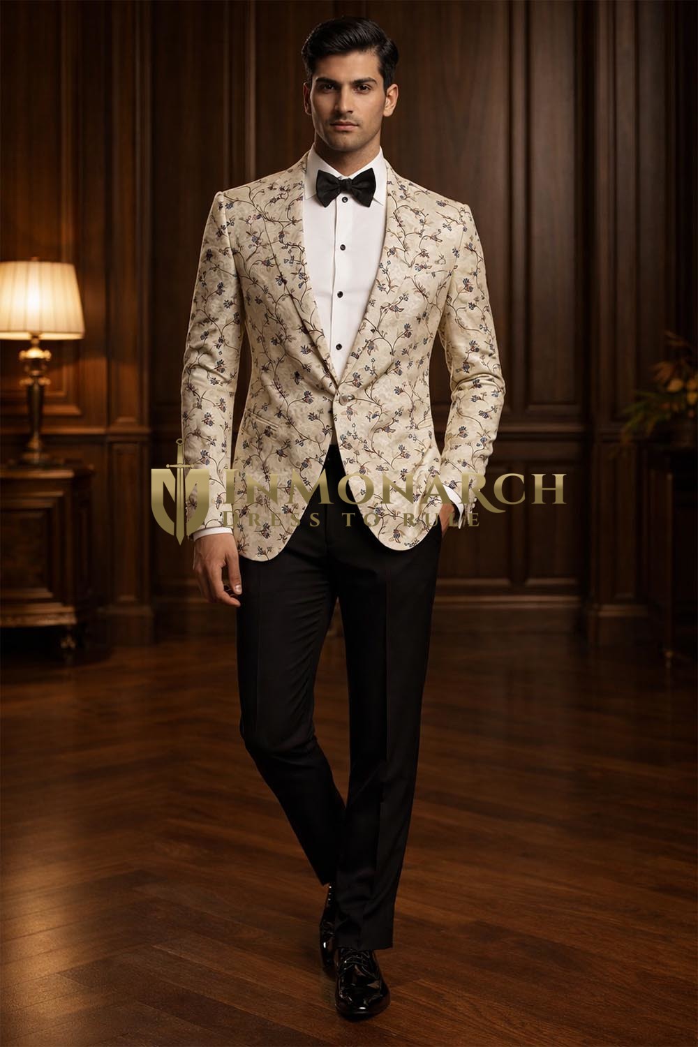 Mens Cream Embroidered Shawl Lapel Tuxedo Blazer Slim Fit Wedding Jacket