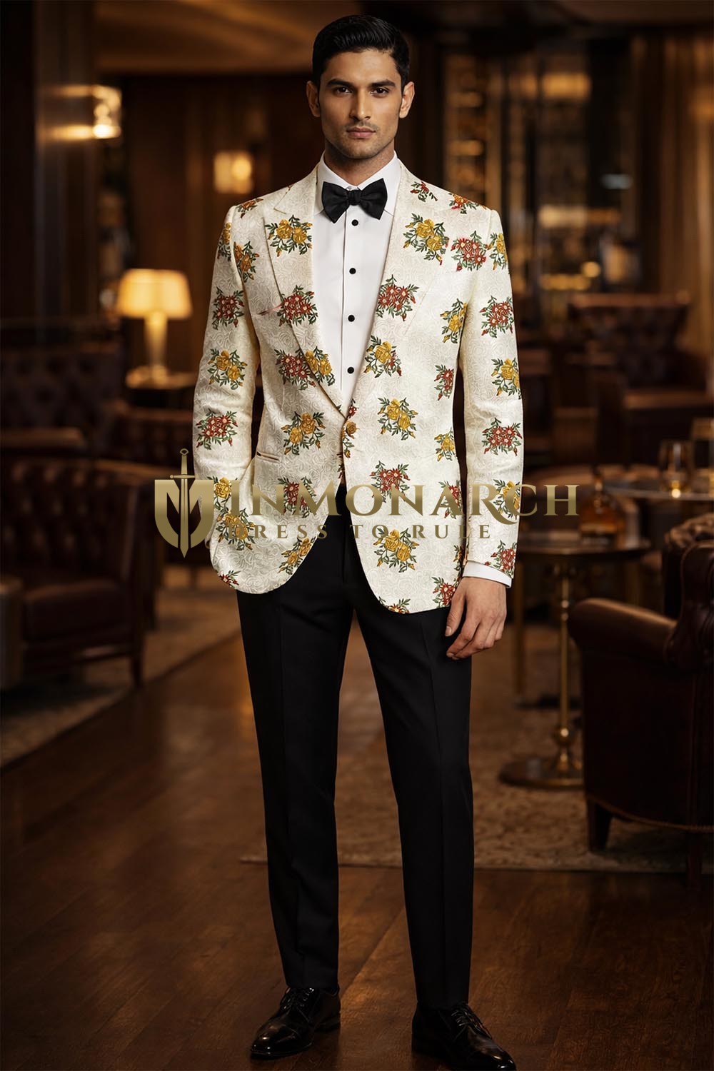 Mens Cream Floral Peak Lapel Tuxedo Blazer Slim Fit Wedding Party Jacket