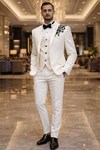 Mens Cream 5 Piece Tuxedo Suit Notch Lapel Groom Wedding Formal Outfit Set