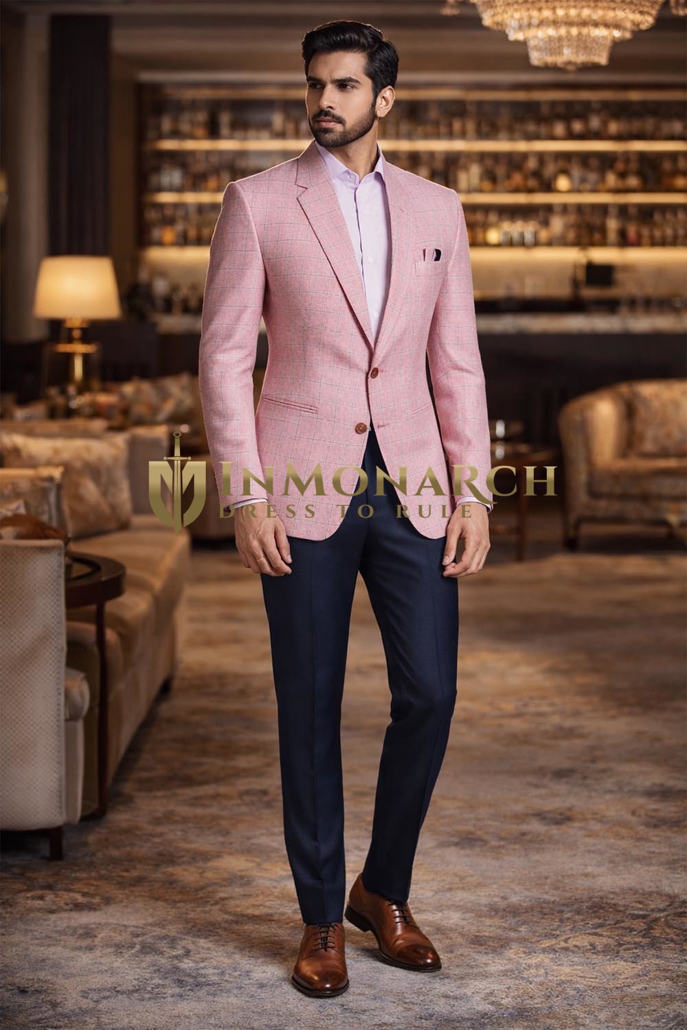 Mens Pink Linen Check Blazer Slim Fit Casual Two Button Summer Jacket Style