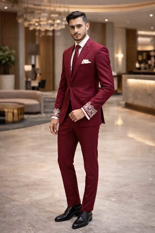 Costume mariage vin rouge broderie blanche