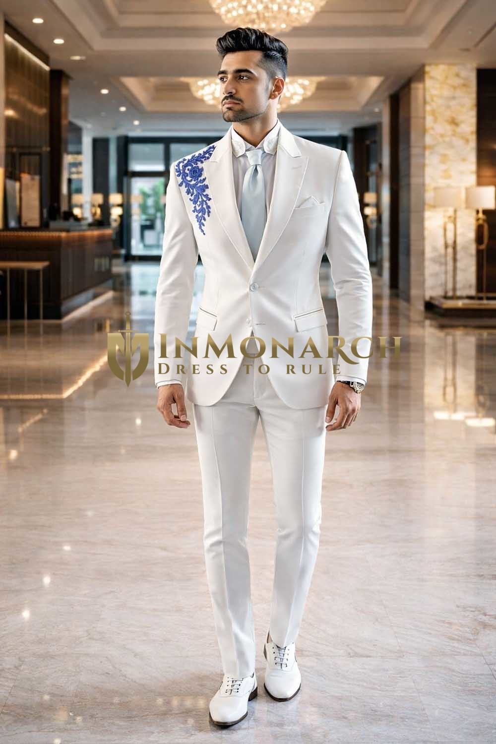 Mens White 2 Piece Suit for Groom Wedding Formal Embroidered Outfit Set