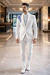 Mens White 2 Piece Suit for Groom Wedding Formal Embroidered Outfit Set