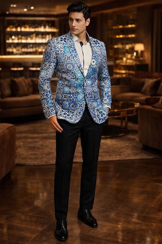 Blazer ethnique homme deux boutons col cranté bleu