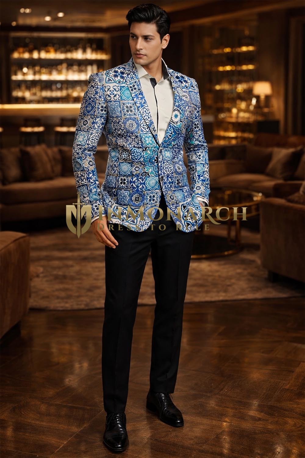 Mens Blue Printed Blazer Slim Fit Casual Two Button Designer Jacket for Men