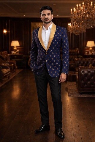 Blazer bleu col châle en velours doré