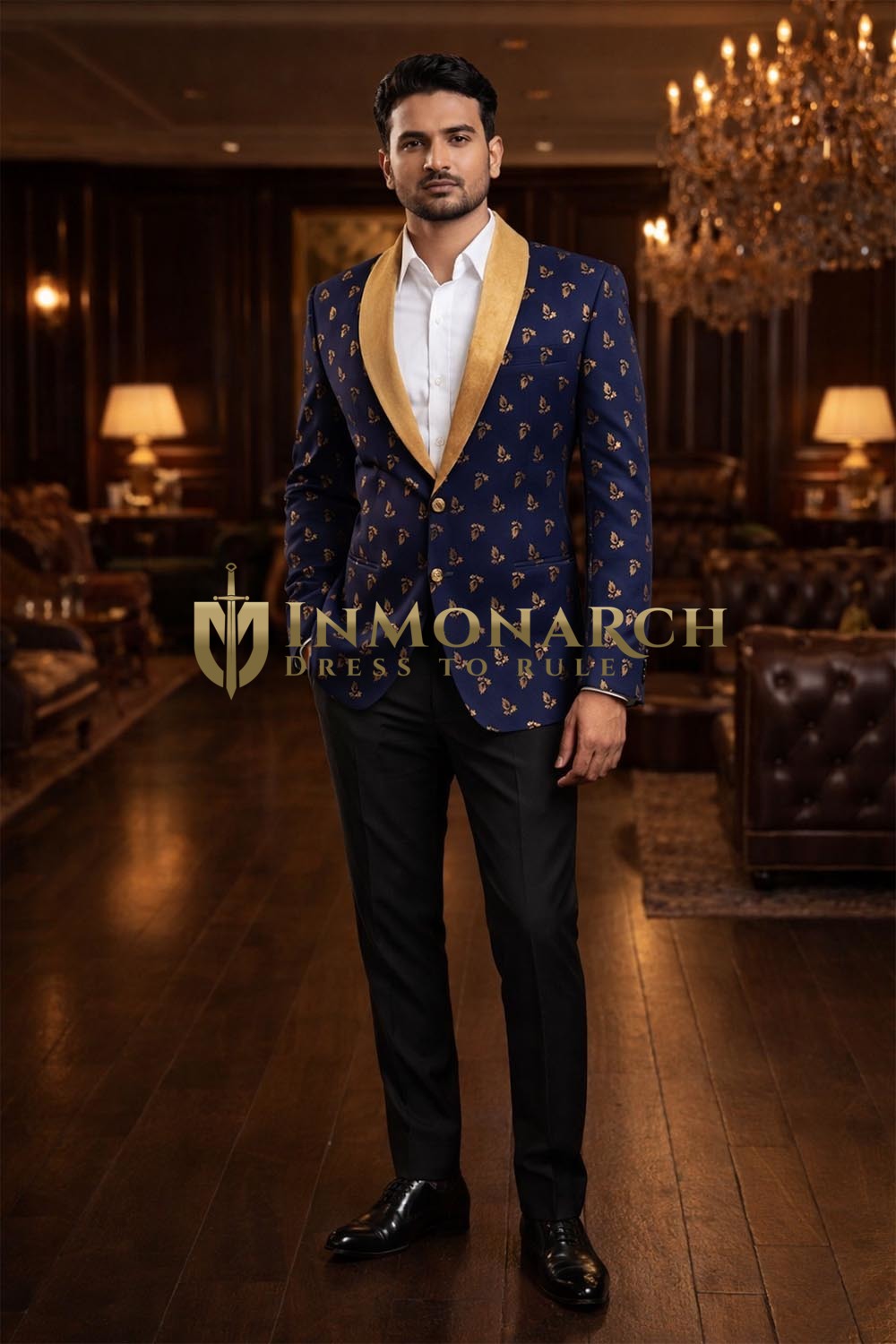 Blazer bleu col châle en velours doré