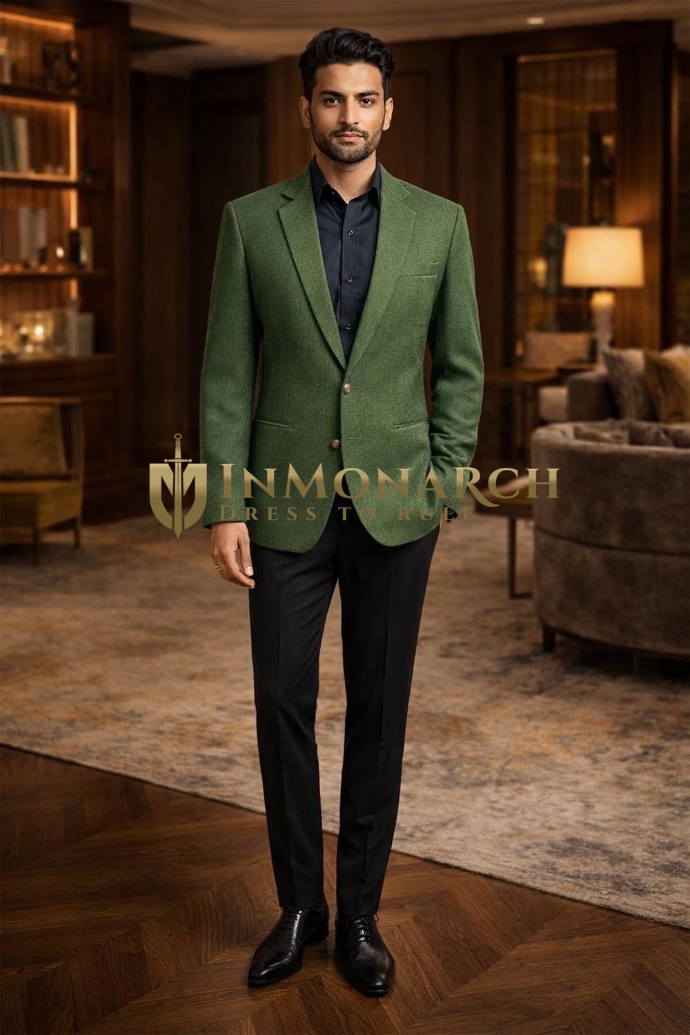 Mens Green Wool Blazer Slim Fit Casual Two Button Classic Jacket for Men